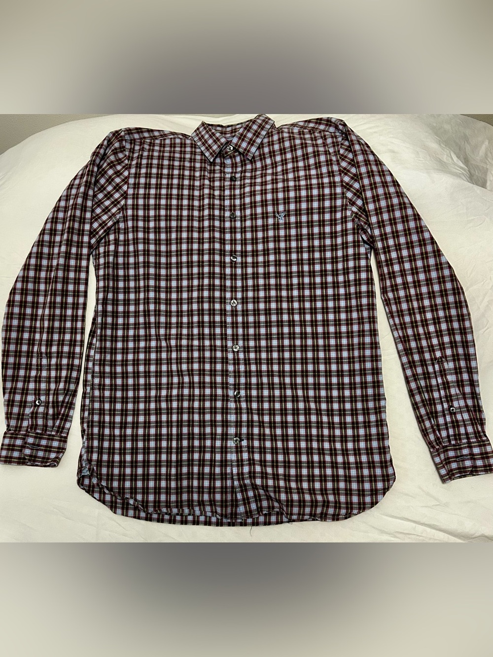 American Eagle Outfitters Burgundy and White Plaid Button-Up Shirt